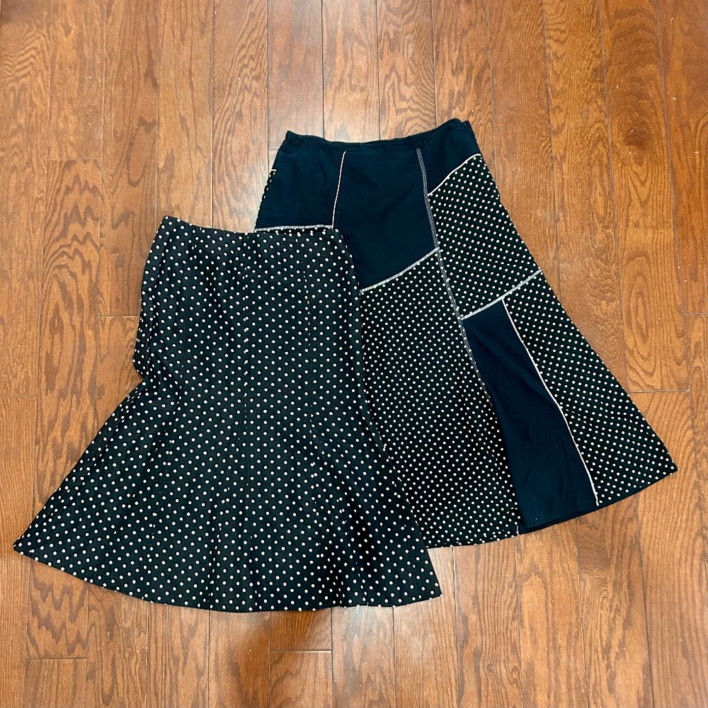 Lot of 2 Skirts Black and White Chico's Kim Rogers Midi Length Polka Dot Pattern